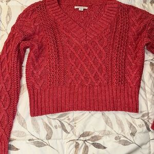 American Eagle Women's Pink Cable Knit Cropped Sweater
